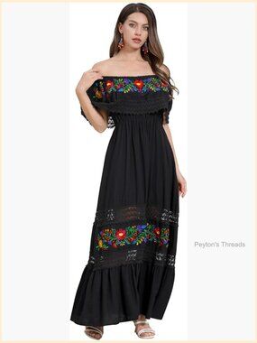 Off Shoulder Floral Embroidered Maxi Dress Summer Beach Party